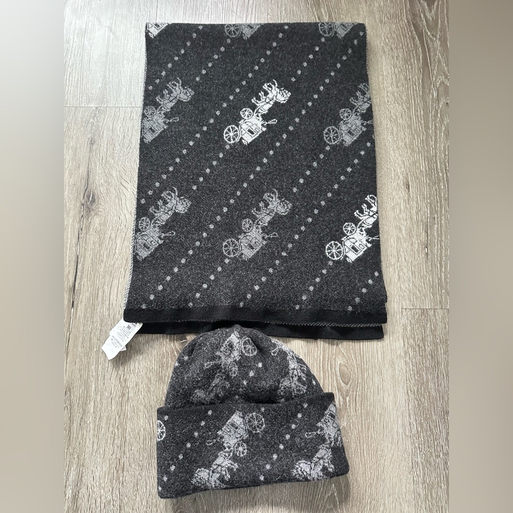 Coach Black and Gray Scarf and Beanie Set with Carriage Design - Picture 2 of 8
